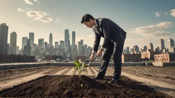 En person planter en småplante i jorden, med en bysilhuett eller industriell bakgrunn.