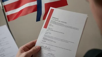 En person som holder et dokument med et norsk flagg i bakgrunnen, som representerer innvandring til Norge