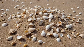 En håndfull skjellsand, med små skjellfragmenter synlige, mot en strandbakgrunn.