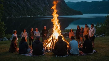 Folk feirer midsommer i Norge med bål og tradisjonelle klær.