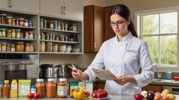 En næringsmiddelinspektør sjekker matetiketter og ingredienser i et kjøkken.