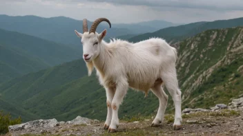 En ung hvit geit med lange horn står på et fjell