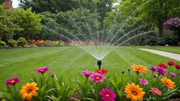 En hage med et sprinkleranlegg og en rekke planter og blomster.