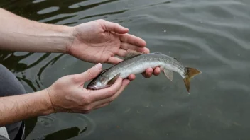 En person vader i vannet, med hendene nedsenket, og fanger en fisk.