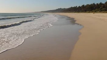 En sandstrend langs kysten, med bølger som slår mot stranden.