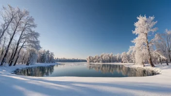 Et vinterlandskap med snødekte trær og en frossen innsjø.