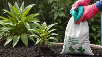 En pose næringsgjødsel med en hagehanske og en liten plante i bakgrunnen