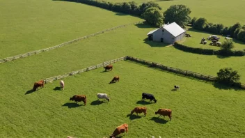 En kvegfarm med kuer som beiter i markene og en bonde som mater dem.