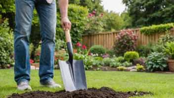 En person står i en hage og holder en hagespade. Hagen er fylt med blomster og trær.