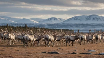 En naturskjønn utsikt over en reinsdyrflokk i Arktis med en samisk familie i bakgrunnen