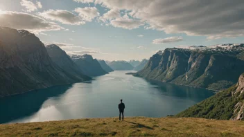 En person som står i en åker, og ser ut på en fantastisk utsikt over en fjord eller fjellkjede i Norge.