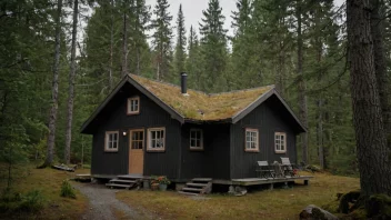 En fredelig og rolig atmosfære med en hytte i skogen, som indikerer et sted for overnatting.