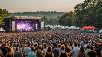 Et stort utendørs musikkfestival med flere scener og en stor folkemengde.