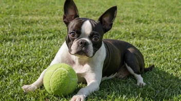 En bostonterrier som leker med en ball på en grønn gressplen.