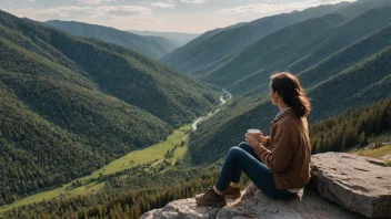 En person sitter på en stein i fjellet, holder en kopp kaffe og ser ut på det vakre landskapet.