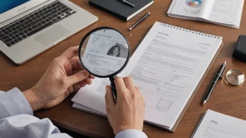 En person som gjennomgår dokumenter, med et forstørrelsesglass og en notatbok, i et kontormiljø.