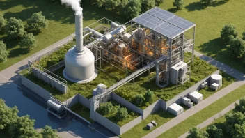 Et bilde av en biobrensel-fabrikk, som viser prosessen med å omgjøre organiske materialer til energi.