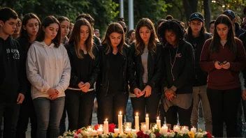 En gruppe unge mennesker samlet rundt et minnesmerke, med blomster og lys, for å hedre ofrene for en tragedie.