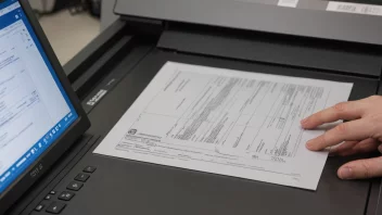 En flatbed-scanner med et dokument på, koblet til en datamaskin.