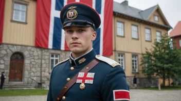 En norsk soldat i tradisjonell uniform, med en bakgrunn av et norsk flagg og en historisk bygning.