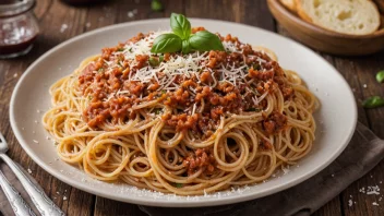 En appetittlig tallerken med spagetti, deilig saus og en strøk av parmesanost.