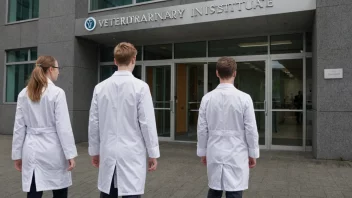 En bygning for veterinærinstitutt med studenter i hvite labfrakker.