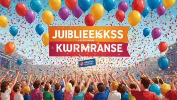 Et bilde av en festlig konkurranse med et banner som feirer et jubileum.