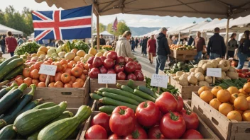 Et bilde som representerer begrepet jordbruksmarkedsordning, med en blanding av norske og landbruksrelaterte elementer.