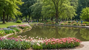 En vakker park med blomster, trær og en dam, hvor folk går og nyter omgivelsene.