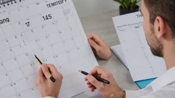 En person som sitter ved et skrivebord med en midlertidig arbeidsplass, med en kalender eller planlegger i bakgrunnen.