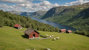 En naturskjønn utsikt over et tradisjonelt norsk fjellgård.