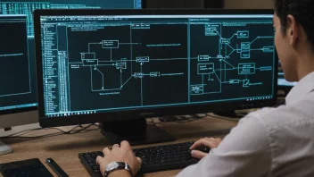 En person som analyserer data på en dataskjerm med et flytdiagram i bakgrunnen