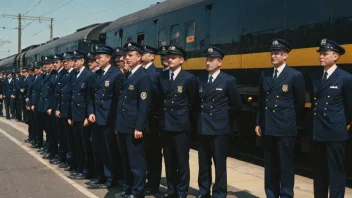 En gruppe mennesker i uniform, som representerer en jernbanefagforening, står foran et tog, symboliserer solidaritet og enhet blant jernbaneansatte.