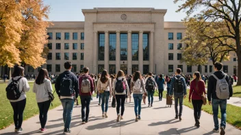 En gruppe studenter som går mot en universitetsbygning, symboliserer studenttilstrømning.