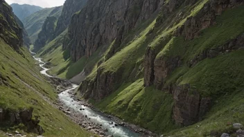 En naturskjønn utsikt over en ravin med frodig vegetasjon og en liten foss i bakgrunnen.