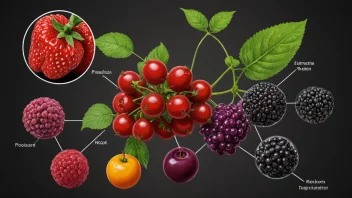 En illustrasjon av molekylstrukturen til anthocyanin, med eksempler på frukter og grønnsaker som inneholder dette fargestoffet.