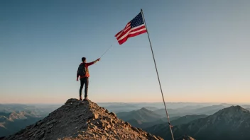 En person som står på toppen av et fjell med et flagg, symboliserer en milepæl eller en prestasjon.