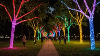 En fargerik lysinstallasjon i en bypark, som bringer glede og undring til de som er rundt den.