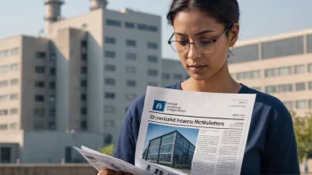 En person leser et foretaksblad, med en fabrikk eller kontorbygning i bakgrunnen.