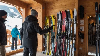 En person i en varm vinterjakke og lue står ved en disk i en skiutleiebutikk, omgitt av ski, støvler og annet utstyr. Butikken ligger i et snødekt fjellsted, med store vinduer som gir utsikt til løypene.