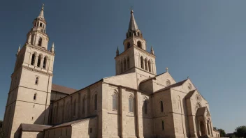 En fredelig munkekirke med en høy spire og en rolig atmosfære.