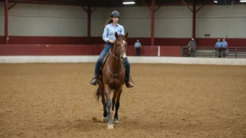 En person som rider en hest i en arena, med en rideinstruktør i bakgrunnen.