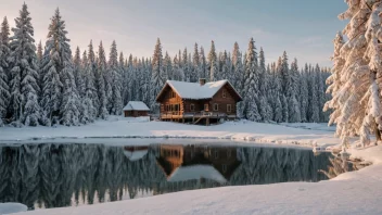 Et fredelig vinterlandskap med mennesker som forbereder seg til jul.