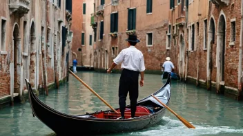 En tradisjonell venetiansk gondoloperatør som navigerer gjennom en kanal i Venezia.