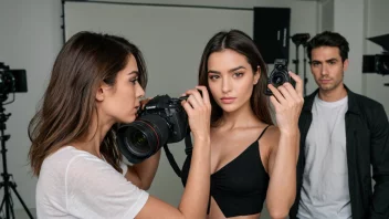 En kvinnelig modell som poserer i et studio, med en fotograf som tar bildet hennes.