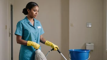 En person i rengjøringsuniform holder en mop og en bøtte, med en sjekkliste over rengjøringskrav i bakgrunnen.