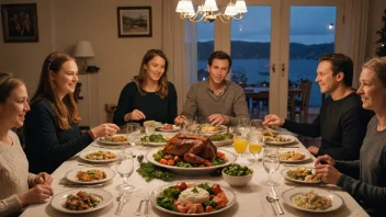 En familie som nyter et tradisjonelt norsk måltid sammen hjemme.