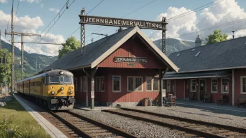 Et bilde av en togstasjon med en skilt som leser 'Jernbaneforvaltning' på norsk.