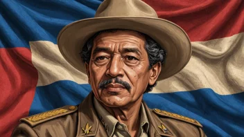 Et bilde av Augusto César Sandino, grunnleggeren av sandinismen, med en bakgrunn av det nicaraguanske flagget og symboler fra revolusjonen.