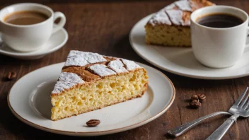 En deilig ølkake på en tallerken, med en kopp kaffe i bakgrunnen.